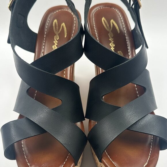 Seven 7 Winnie Wedge Black Wooden Cork Womens Size 9 Strappy Buckle Heel - Picture 5 of 7